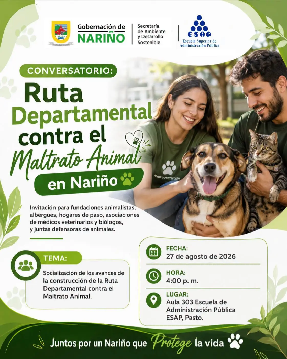 Pieza gráfica promocional del conversatorio Ruta Departamental contra el Maltrato Animal en Nariño, convocado por la Gobernación de Nariño y la ESAP.