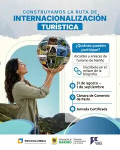 Pieza gráfica del taller «Construyamos la Ruta de Internacionalización Turística» con información de participación para alcaldes y enlaces de turismo en Nariño.