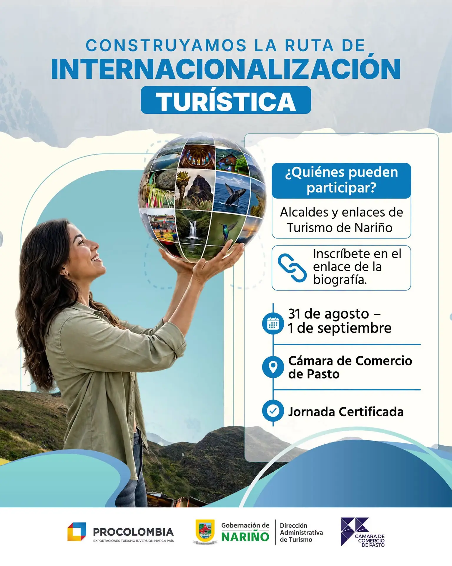 Pieza gráfica del taller «Construyamos la Ruta de Internacionalización Turística» con información de participación para alcaldes y enlaces de turismo en Nariño.