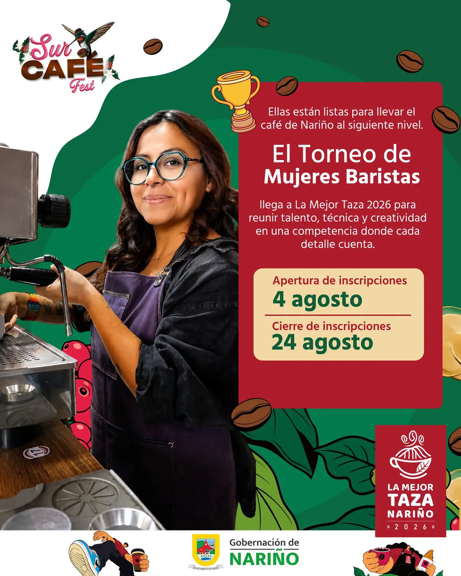 Pieza gráfica promocional para la convocatoria del Torneo de Mujeres Baristas en el marco de La Mejor Taza Nariño 2026.
