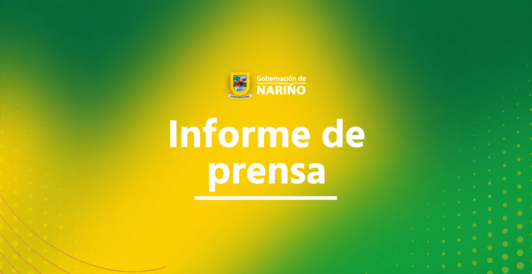 Imagen de portada oficial de la Gobernación de Nariño con el escudo institucional y el título principal "Informe de prensa" en letras grandes y blancas sobre un fondo con degradado de verde a amarillo y un patrón de puntos decorativos.
