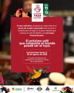 Pieza gráfica con la convocatoria a caficultores para presentar sus lotes antes del 28 de agosto en el marco del concurso La Mejor Taza Nariño 2026.