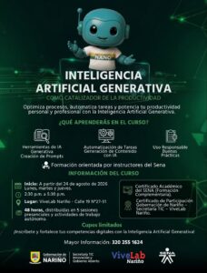 Afiche promocional del curso Inteligencia Artificial Generativa como catalizador de la productividad en ViveLab Nariño.