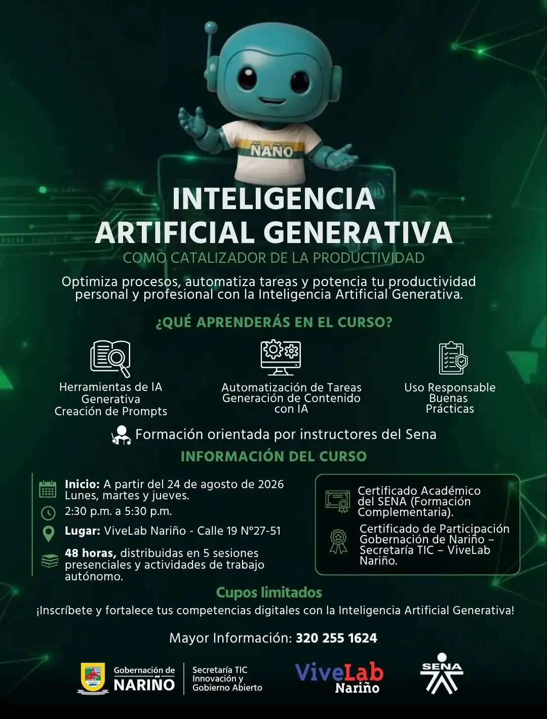 Afiche promocional del curso Inteligencia Artificial Generativa como catalizador de la productividad en ViveLab Nariño.