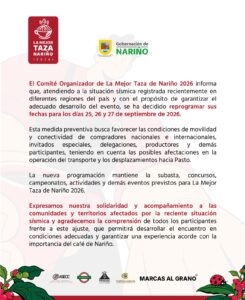 Comunicado oficial del Comité Organizador de La Mejor Taza de Nariño 2026 anunciando la reprogramación del evento para los días 25, 26 y 27 de septiembre de 2026.