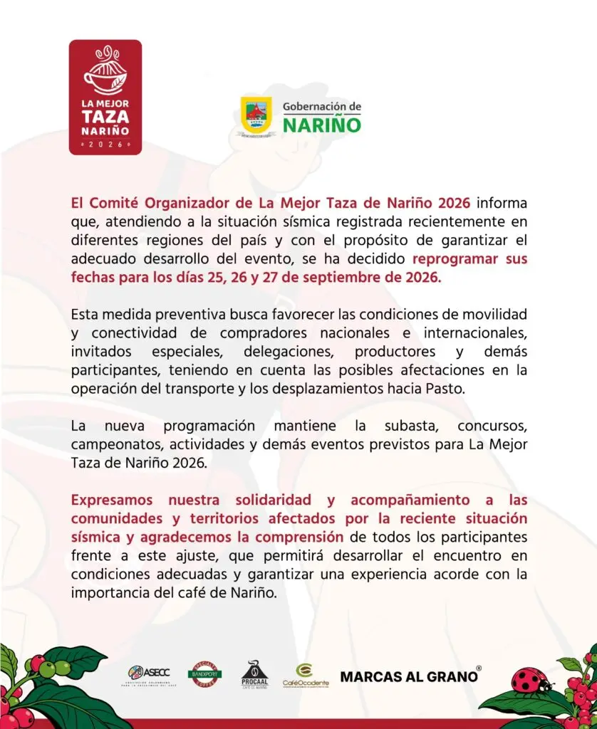 Comunicado oficial del Comité Organizador de La Mejor Taza de Nariño 2026 anunciando la reprogramación del evento para los días 25, 26 y 27 de septiembre de 2026.
