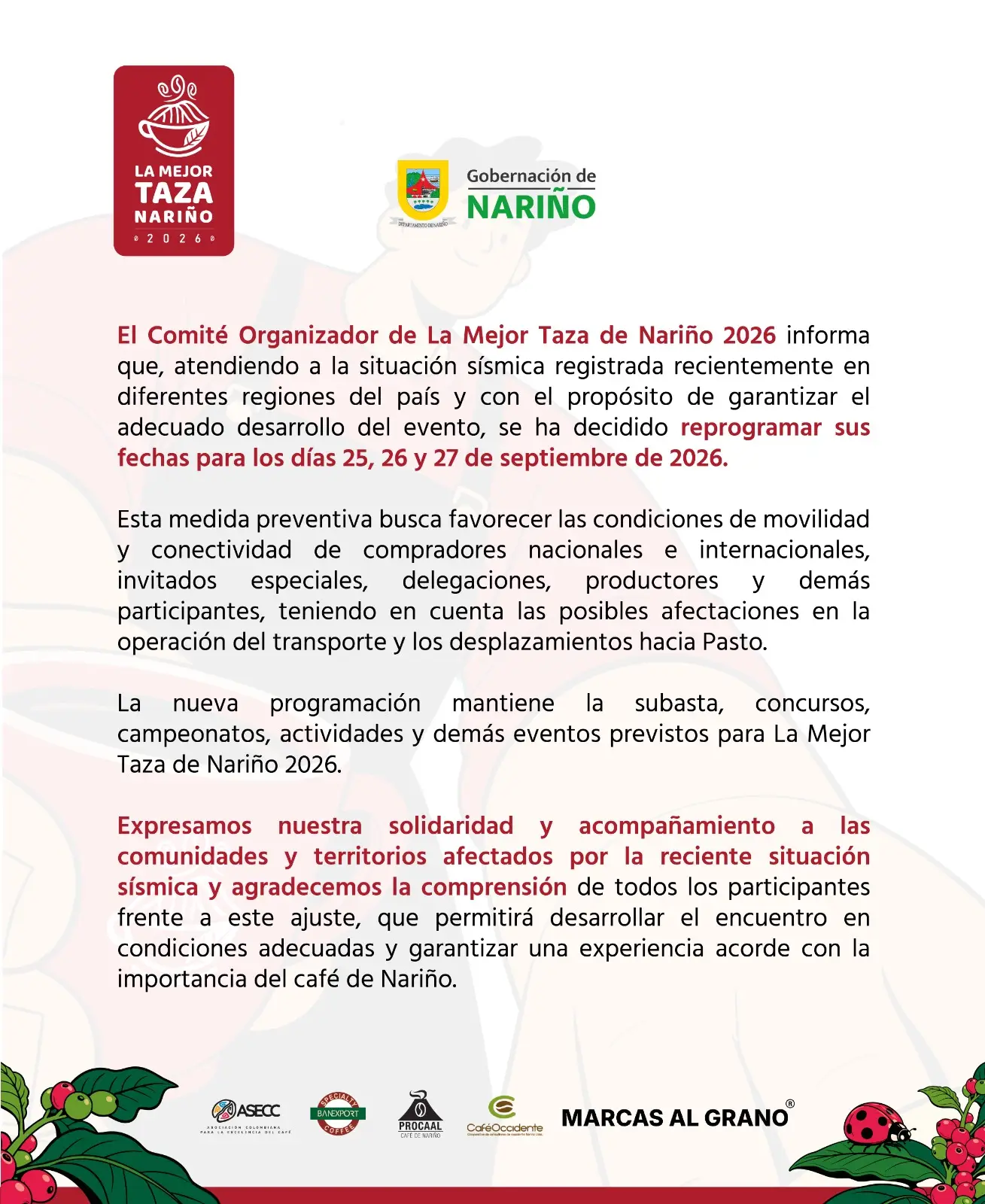Comunicado oficial del Comité Organizador de La Mejor Taza de Nariño 2026 anunciando la reprogramación del evento para los días 25, 26 y 27 de septiembre de 2026.