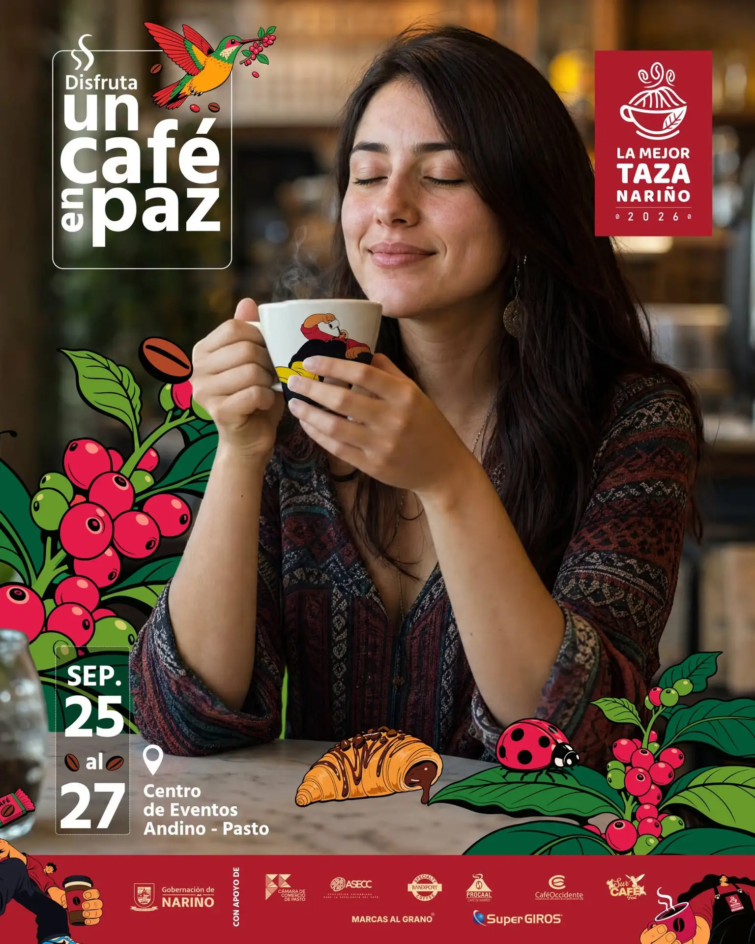 Afiche promocional del evento La Mejor Taza Nariño 2026 con el lema Disfruta un café en paz.