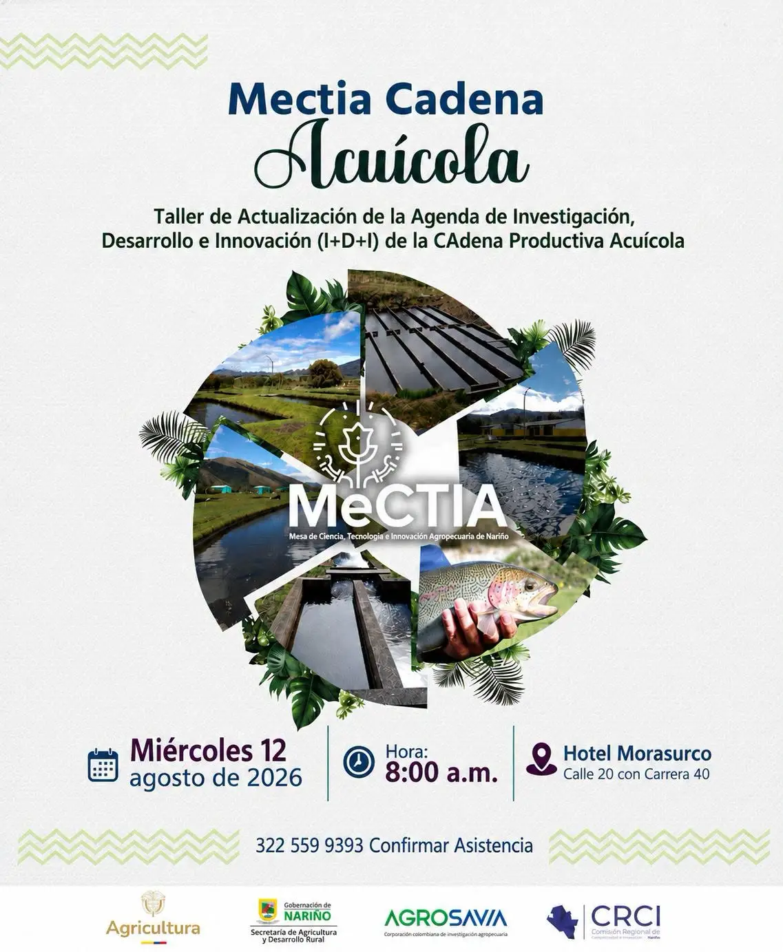 Pieza gráfica promocional del Taller de Actualización de la Agenda I+D+I de la Cadena Productiva Acuícola en Pasto.