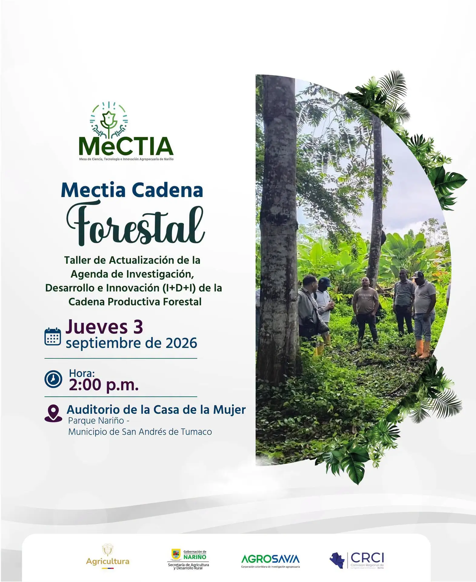 Pieza gráfica promocional del Taller de Actualización de la Agenda I+D+I de la Cadena Productiva Forestal en Tumaco.