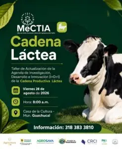 Pieza gráfica promocional del Taller de Actualización de la Agenda I+D+I de la Cadena Productiva Láctea en Guachucal.