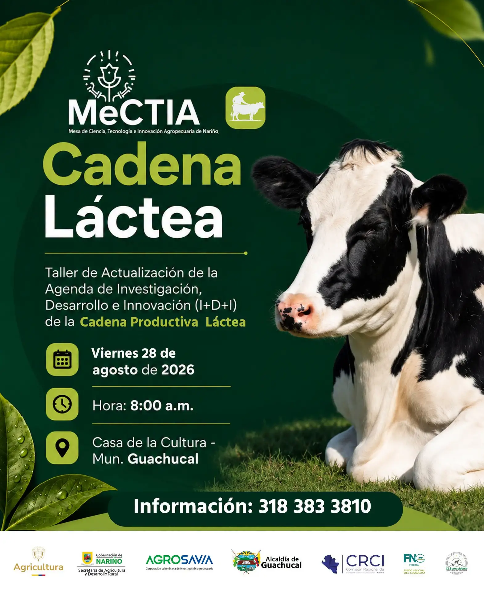 Pieza gráfica promocional del Taller de Actualización de la Agenda I+D+I de la Cadena Productiva Láctea en Guachucal.