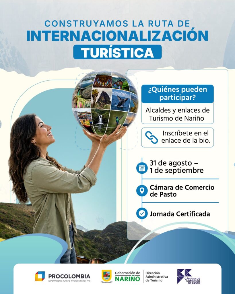 Afiche informativo sobre la convocatoria del Encuentro Territorial de Internacionalización Turística para alcaldes y enlaces de turismo de Nariño.