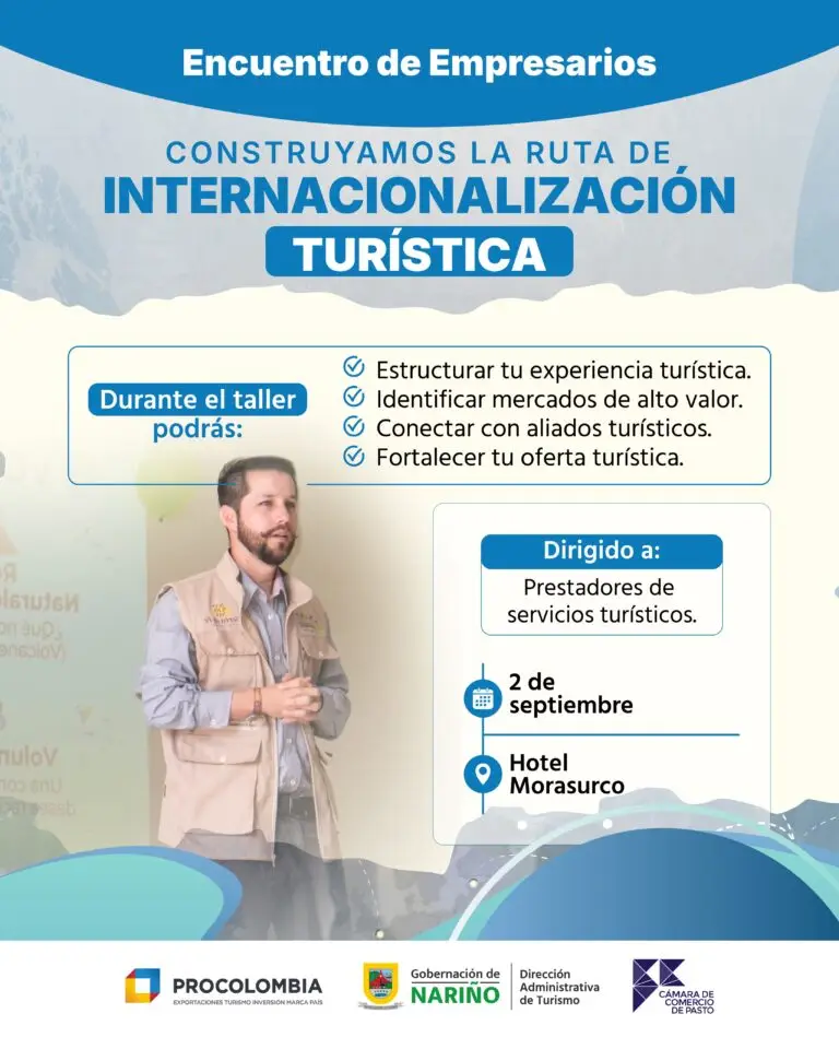 Pieza gráfica promocional del Encuentro de Empresarios para la Ruta de Internacionalización Turística en Nariño.