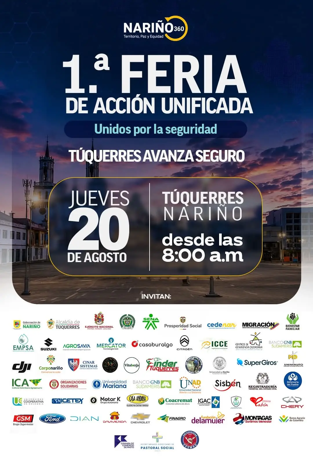 Pieza gráfica de la Primera Feria de Acción Unificada «Unidos por la Seguridad, Túquerres Avanza Seguro».