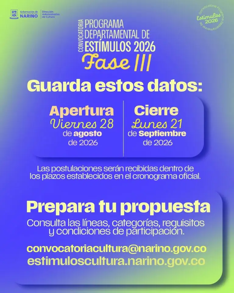 Pieza gráfica institucional en tonos verdes y amarillos emitida por la Dirección Administrativa de Cultura de Nariño. Detalla las 4 líneas culturales de la tercera fase de la convocatoria: Expresiones y Manifestaciones Artísticas, Gobernanza Cultural, Espacios y Escenarios, y Saberes, representadas con ilustraciones de la fauna y símbolos del programa. En el área inferior destaca las fechas de apertura (28 de agosto de 2026) y cierre (21 de septiembre de 2026), junto a los canales oficiales de contacto e inscripción.