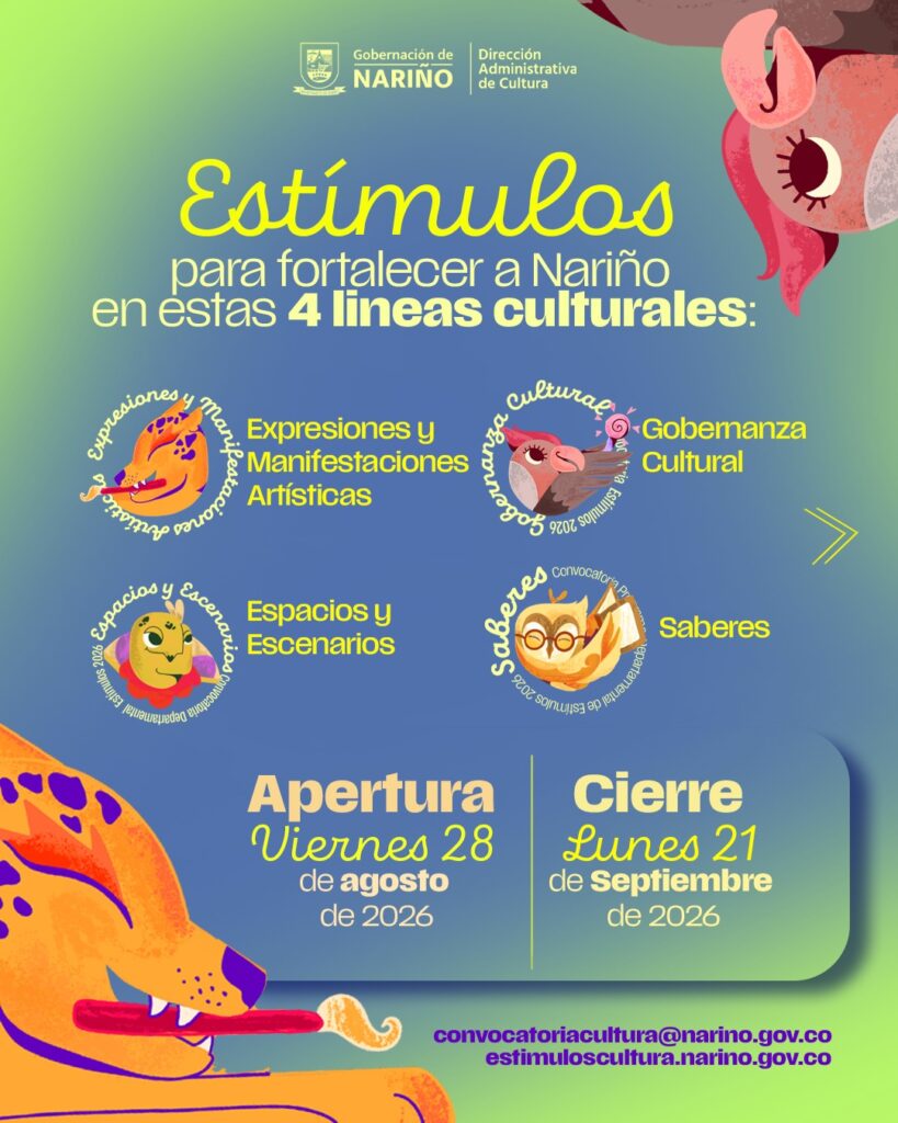 Pieza gráfica oficial del Programa Departamental de Estímulos 2026 que presenta las cuatro líneas culturales: Expresiones y Manifestaciones Artísticas, Gobernanza Cultural, Espacios y Escenarios, y Saberes.