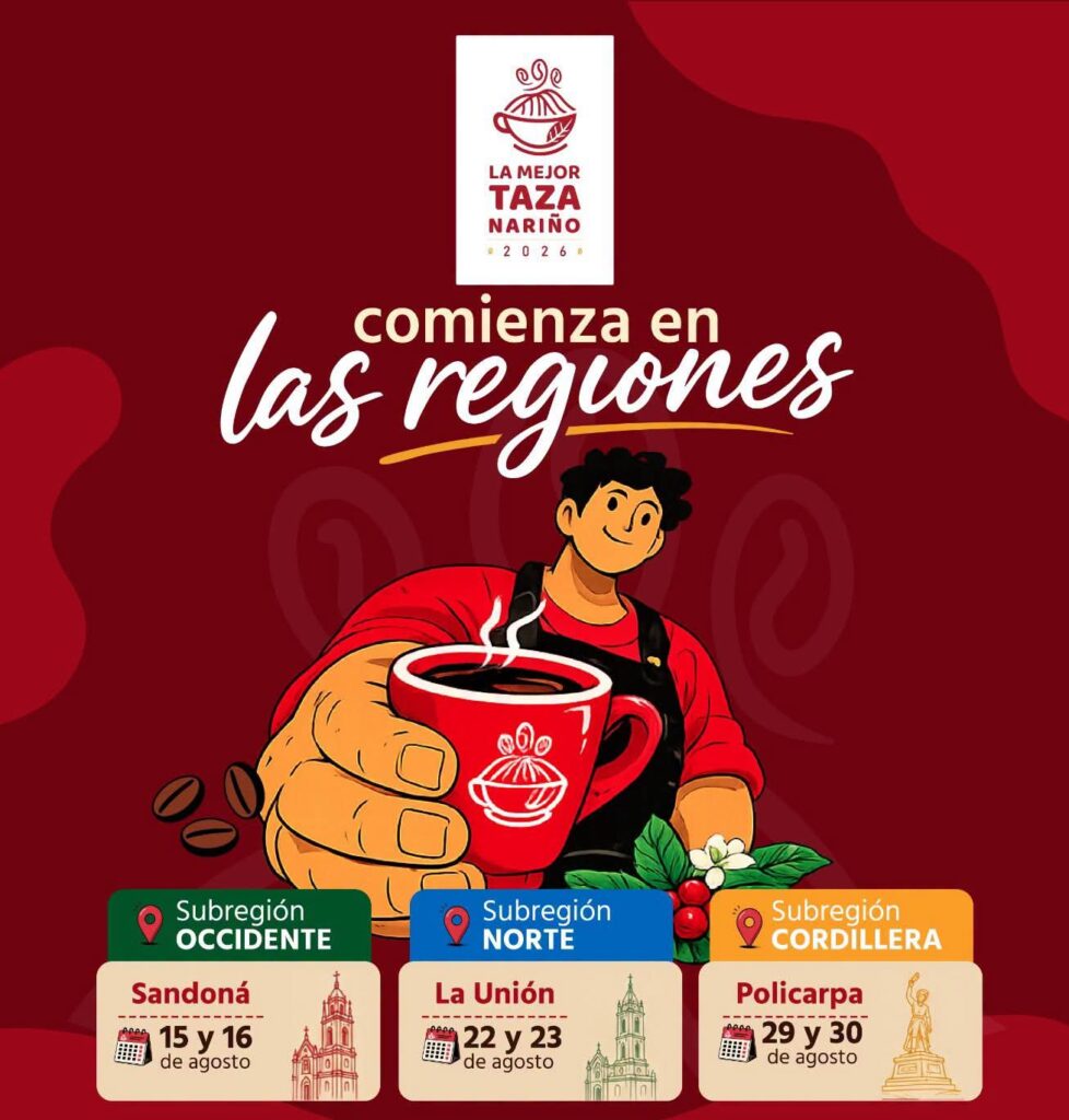 Afiche ilustrado del recorrido subregional de «La Mejor Taza Nariño 2026» que abarca Sandoná, La Unión y Policarpa.
