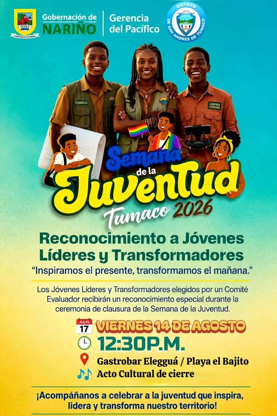 Pieza gráfica de la Semana de la Juventud Tumaco 2026 para la ceremonia de reconocimiento a jóvenes líderes y transformadores.