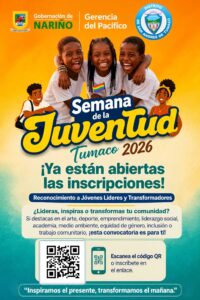 Pieza gráfica publicitaria con código QR para las inscripciones al reconocimiento de la Semana de la Juventud Tumaco 2026.