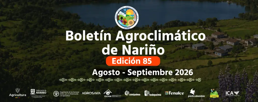 Banner institucional del Boletín Agroclimático de Nariño Edición 85 (Agosto - Septiembre 2026) con fondo de paisaje rural nariñense y logos de entidades del sector agrícola.