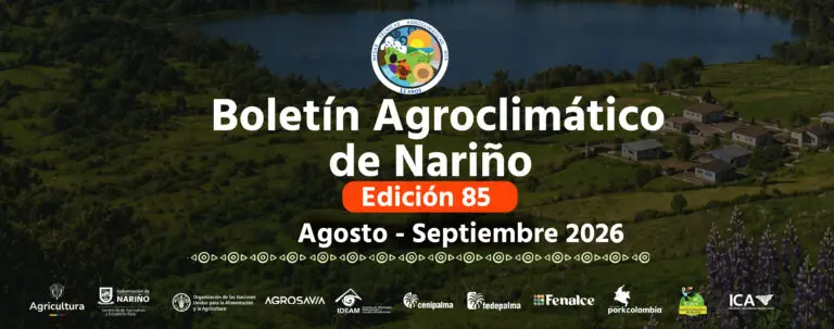 Banner institucional del Boletín Agroclimático de Nariño Edición 85 (Agosto - Septiembre 2026) con fondo de paisaje rural nariñense y logos de entidades del sector agrícola.