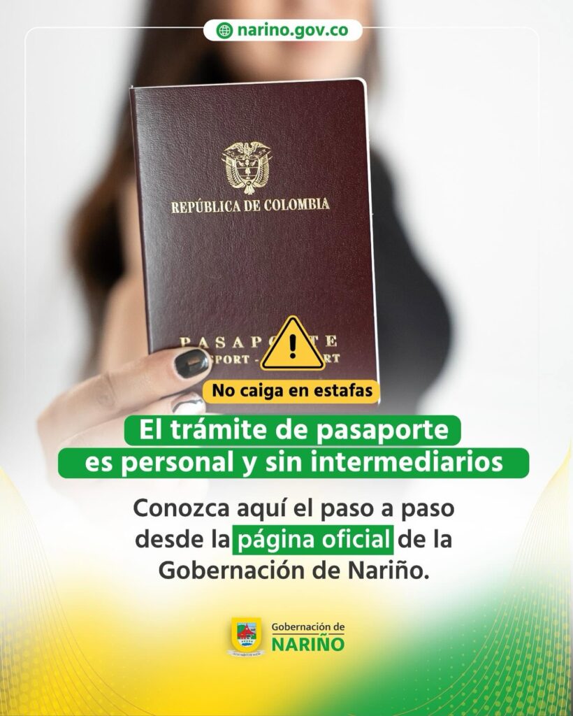 Pieza gráfica informativa de la Gobernación de Nariño sobre el trámite personal de pasaportes y prevención de estafas.