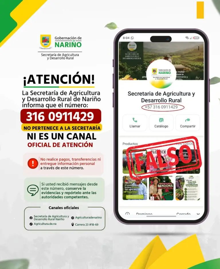 Pieza gráfica de alerta emitida por la Gobernación de Nariño sobre la suplantación del número telefónico de la Secretaría de Agricultura.