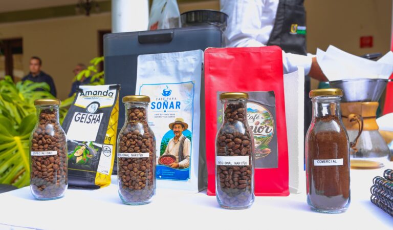 Botellas de vidrio con café en grano y molido etiquetadas por especialidad, junto a empaques comerciales de marcas locales sobre un stand de exhibición.