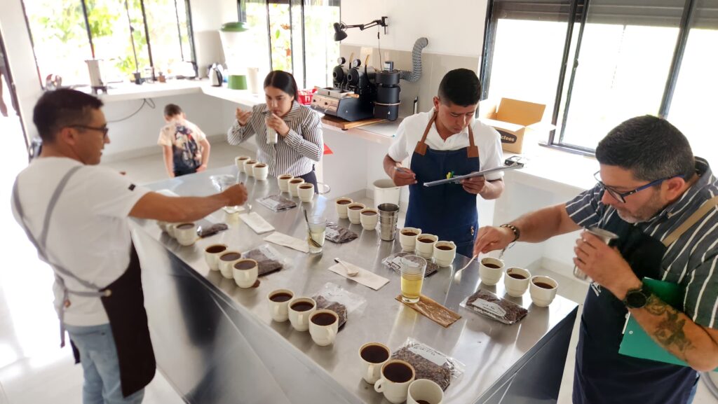 Analistas de calidad y catadores evaluando muestras de café especial durante la jornada subregional de La Mejor Taza Nariño 2026 en un laboratorio en El Peñol.