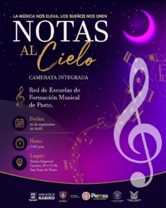 Afiche del concierto "Notas al Cielo" a cargo de la Camerata Integrada de la Red de Escuelas de Formación Musical de Pasto. El evento se realizará el 10 de septiembre de 2026 a las 7:00 p.m. en el Teatro Imperial de San Juan de Pasto. Incluye logotipos de la Gobernación de Nariño, Alcaldía de Pasto, Piemsa, Universidad de Nariño y Teatro Imperial.