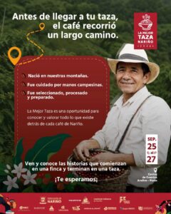 Afiche promocional de La Mejor Taza Nariño 2026 que muestra a un caficultor sonriente sosteniendo un canasto tradicional lleno de cerezas de café, acompañado de un texto que detalla el recorrido del grano desde la montaña hasta el consumidor.   