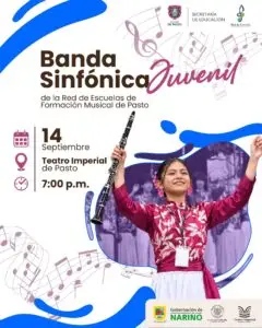 Texto alternativo: Afiche promocional del concierto de la Banda Sinfónica Juvenil de Pasto, destacando a una joven sonriente que sostiene un clarinete en alto, acompañada de ilustraciones de notas musicales y los detalles de fecha y lugar del evento.   