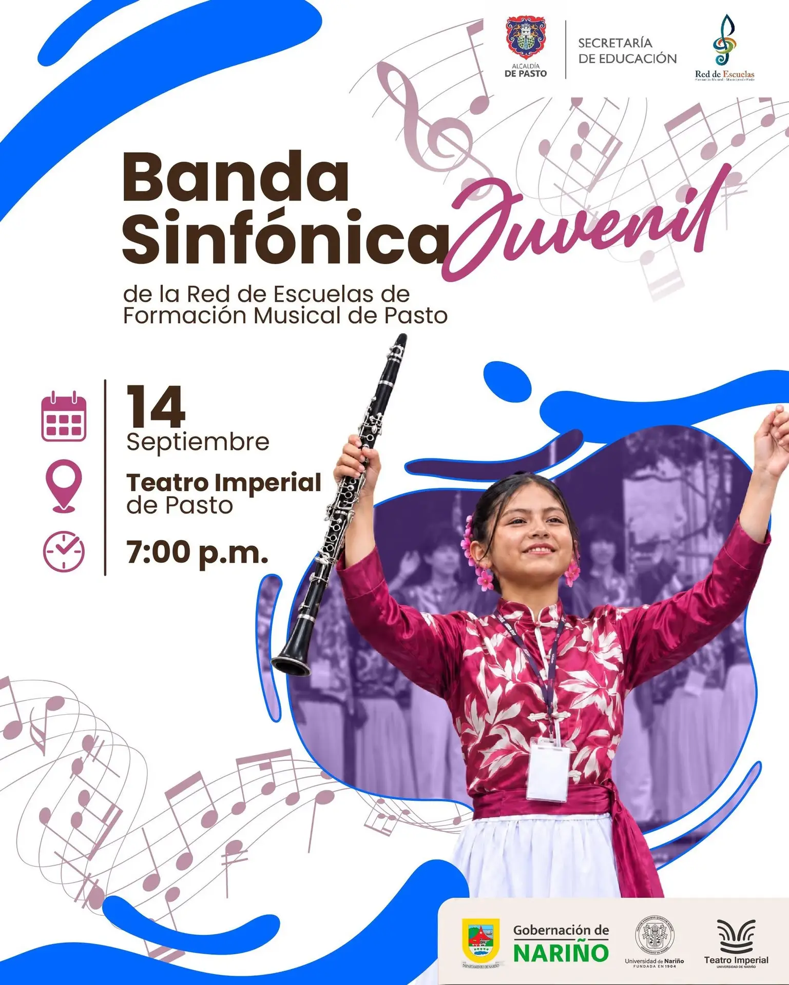 Texto alternativo: Afiche promocional del concierto de la Banda Sinfónica Juvenil de Pasto, destacando a una joven sonriente que sostiene un clarinete en alto, acompañada de ilustraciones de notas musicales y los detalles de fecha y lugar del evento.