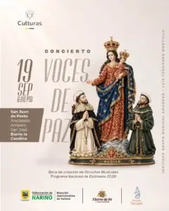 Póster del Concierto Voces de Paz a realizarse el 19 de septiembre en el Ancianato Amparo San José en Pasto, ilustrado con la imagen tradicional de Nuestra Señora de Las Lajas acompañada por dos santos arrodillados.