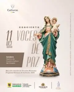 Afiche promocional del Concierto Voces de Paz para el 11 de octubre en la Basílica de Nuestra Señora del Rosario en Sandoná, con una imagen central de la Virgen María sosteniendo al Niño Jesús y un rosario.
