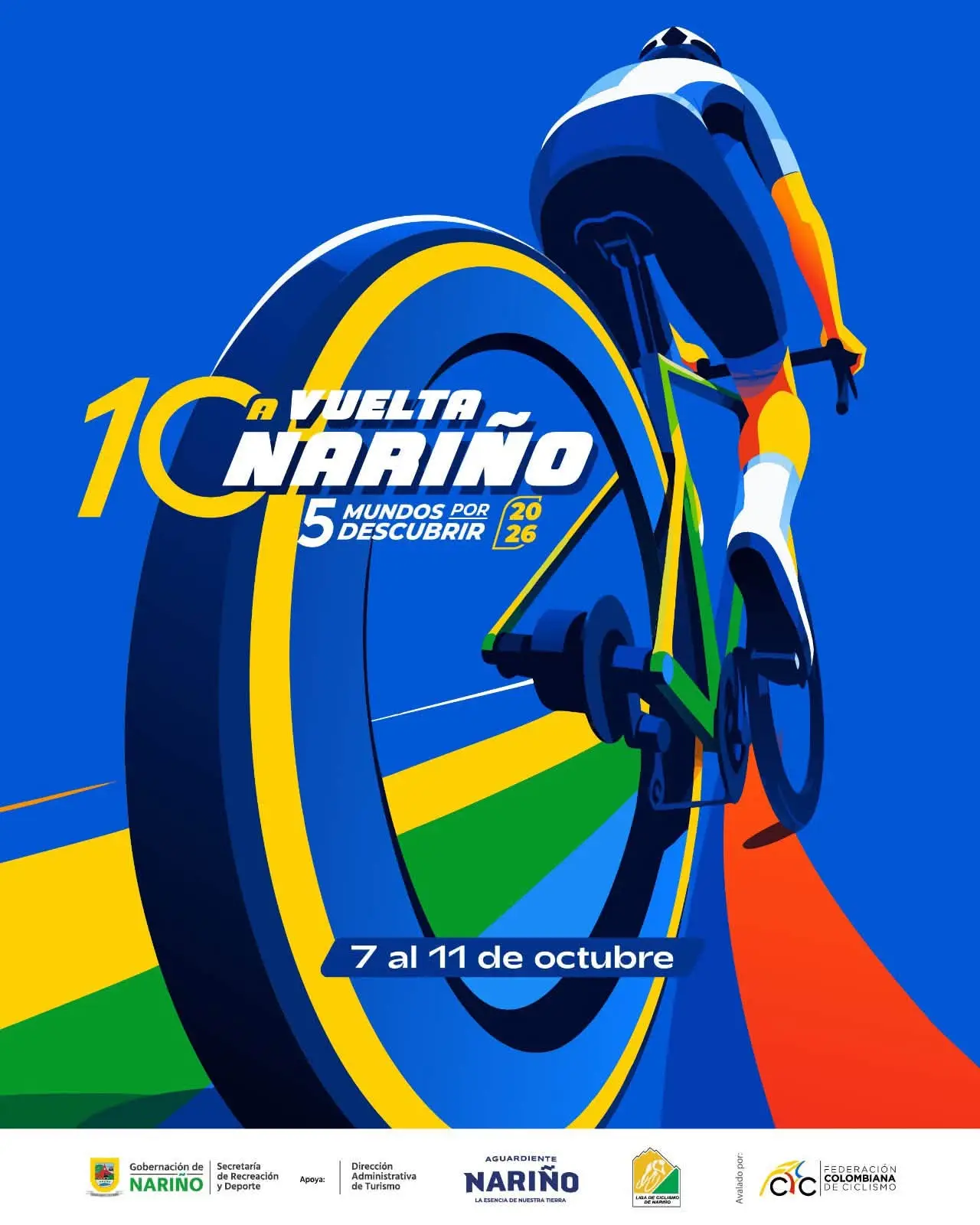 Afiche promocional ilustrado de la Décima Vuelta a Nariño mostrando a un ciclista rodando sobre una vía estilizada con los colores amarillo, verde y rojo de la bandera departamental.