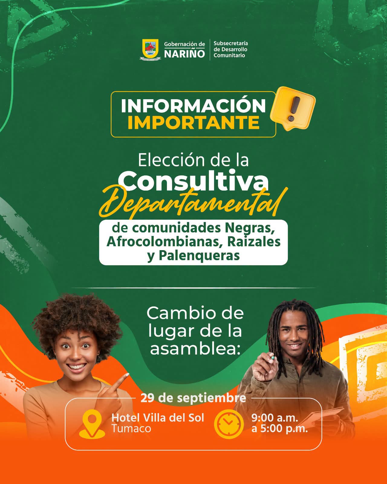 Afiche informativo de la Gobernación de Nariño que anuncia el cambio de lugar de la asamblea para la Elección de la Consultiva Departamental de comunidades afrodescendientes al Hotel Villa del Sol en Tumaco.