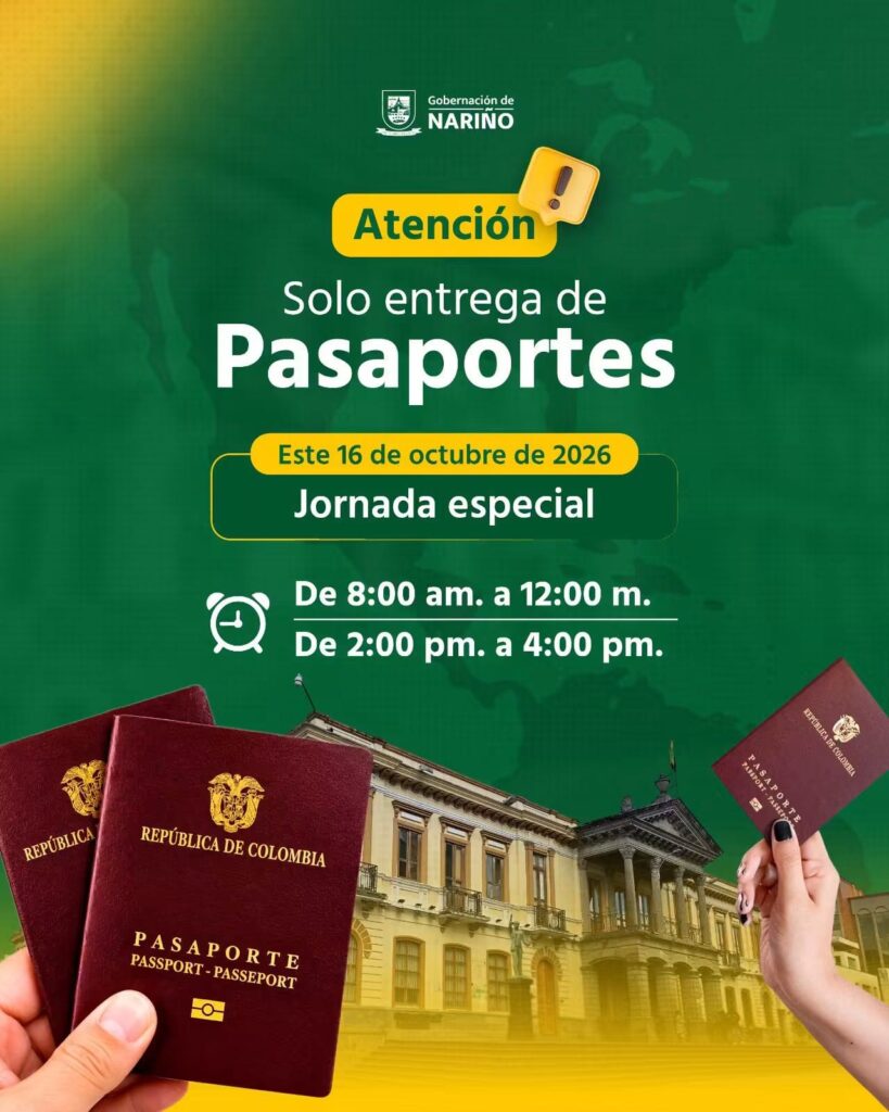 Pieza informativa de la Gobernación de Nariño sobre una jornada especial para la entrega de pasaportes el 16 de octubre de 2026.