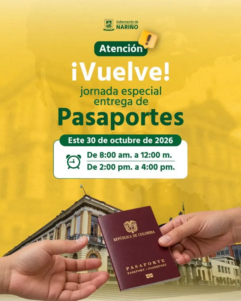 Pieza informativa de la Gobernación de Nariño sobre la jornada especial de entrega de pasaportes del 30 de octubre de 2026, con atención en horario de mañana y tarde.