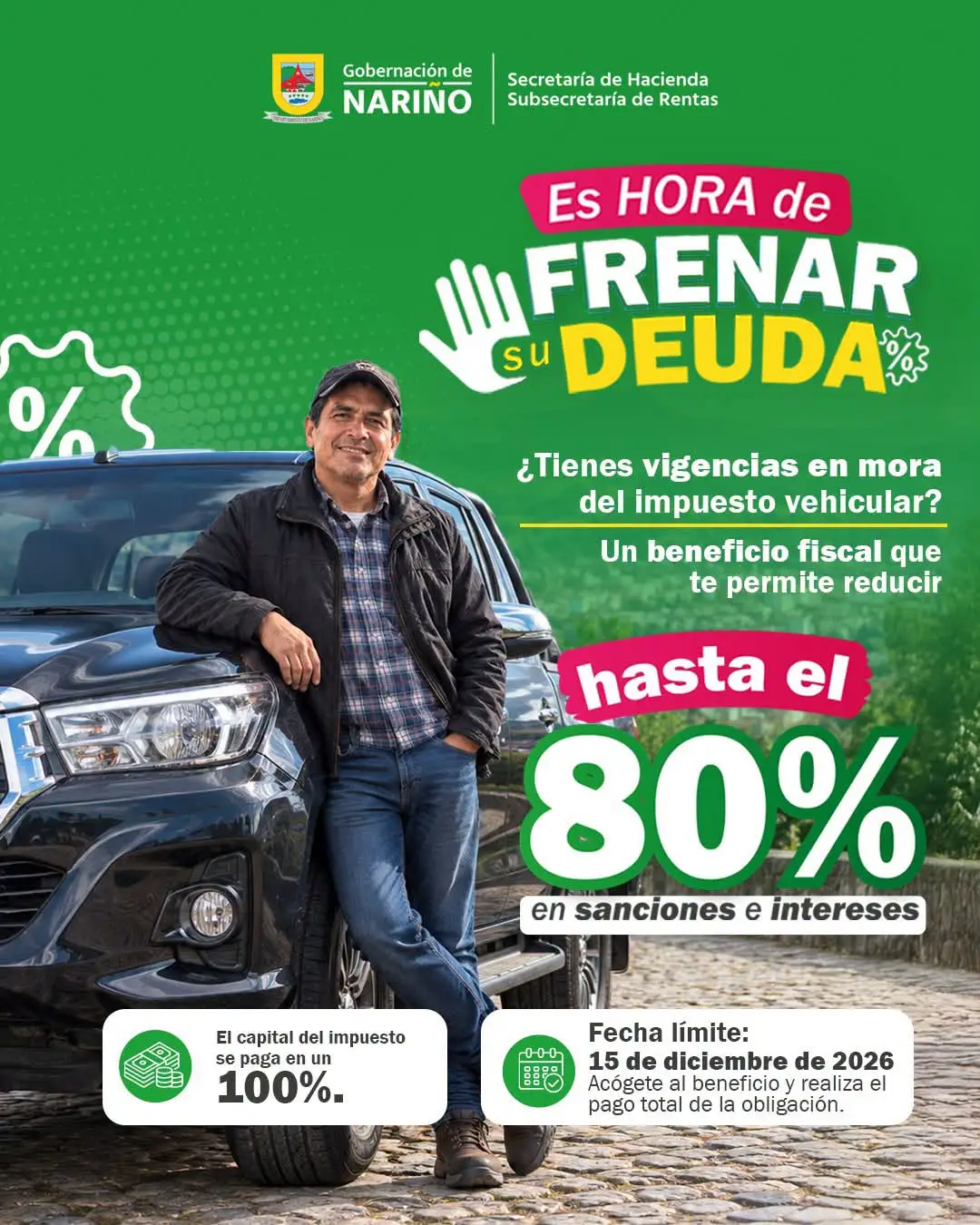 Hasta 80% del descuento en su impuesto vehicular.jpg Texto alternativo: Pieza gráfica de la Secretaría de Hacienda de Nariño donde un conductor posa junto a una camioneta negra promocionando un descuento del 80% en sanciones e intereses del impuesto vehicular.