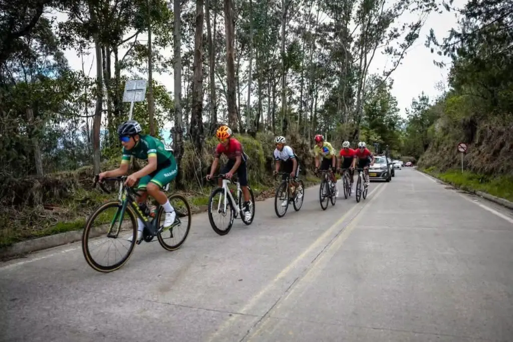 Grupo de ciclistas avanza por una carretera rodeada de árboles durante la cuarta etapa de la Décima Vuelta a Nariño.