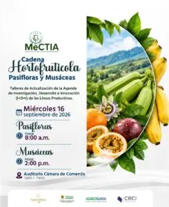 Afiche informativo de MeCTIA anunciando los talleres de actualización para la cadena hortofrutícola de pasifloras y musáceas, decorado con imágenes de maracuyá, granadilla, flor de la pasión y racimos de plátanos verdes frente a un paisaje agrícola.   
