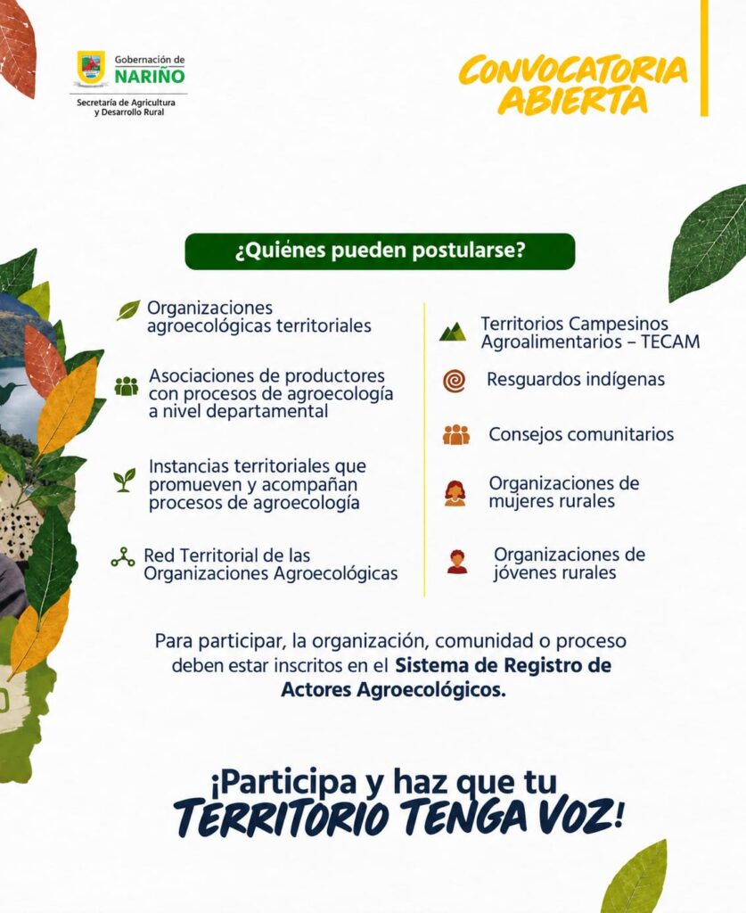 Pieza informativa que presenta las organizaciones y comunidades que pueden postularse a la Mesa Departamental de Agroecología de Nariño.