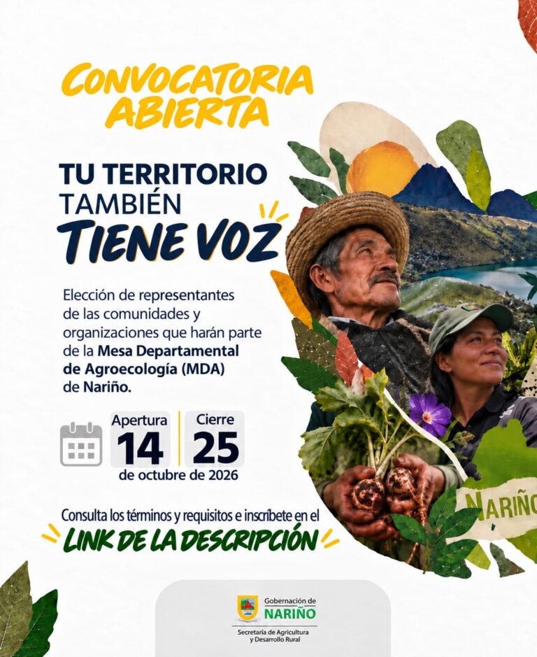 Pieza gráfica de la convocatoria para elegir representantes de comunidades y organizaciones que integrarán la Mesa Departamental de Agroecología de Nariño.