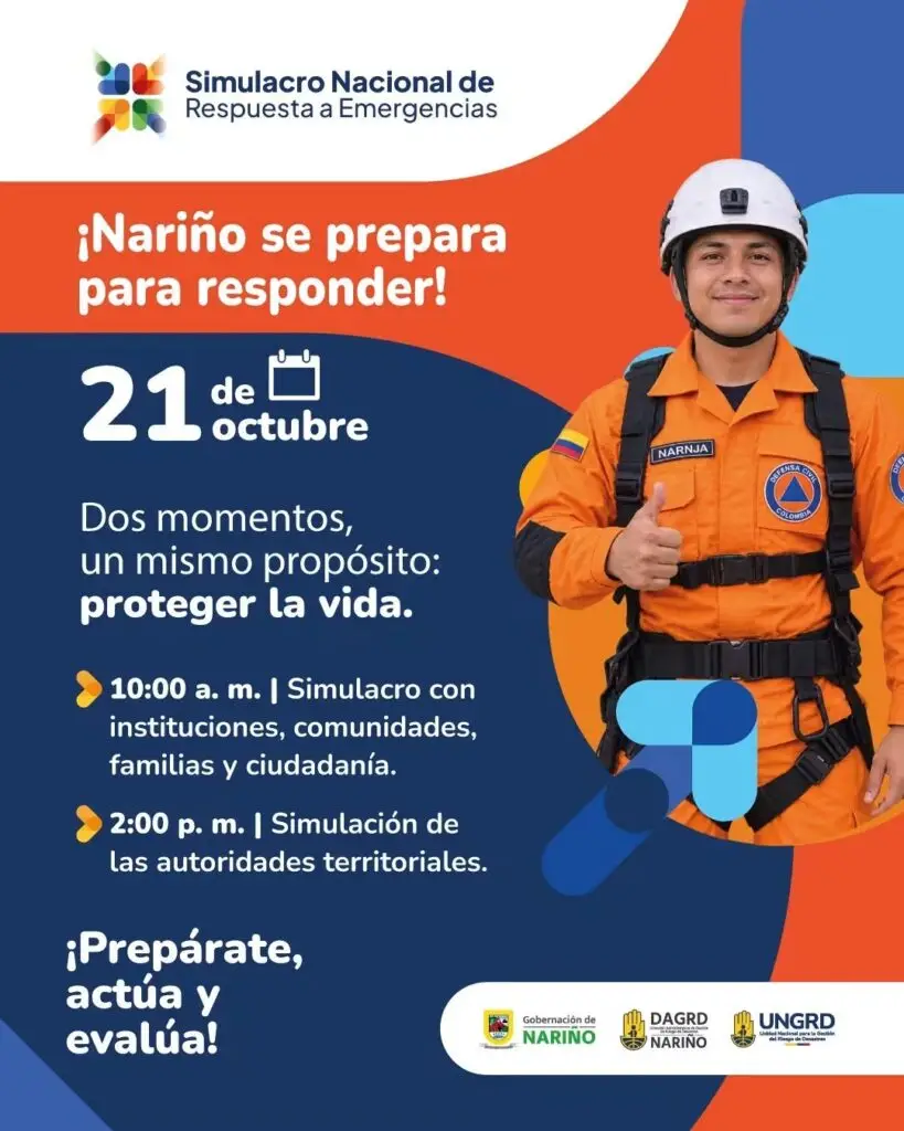 Pieza informativa del Simulacro Nacional de Respuesta a Emergencias 2026 en Nariño, programado para el 21 de octubre, con ejercicios a las 10:00 a. m. y 2:00 p. m.