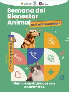 Afiche promocional de la Semana del Bienestar Animal en Nariño, del 1 al 9 de octubre, con fotografías de un perro y un gato junto a íconos de cuidado veterinario.