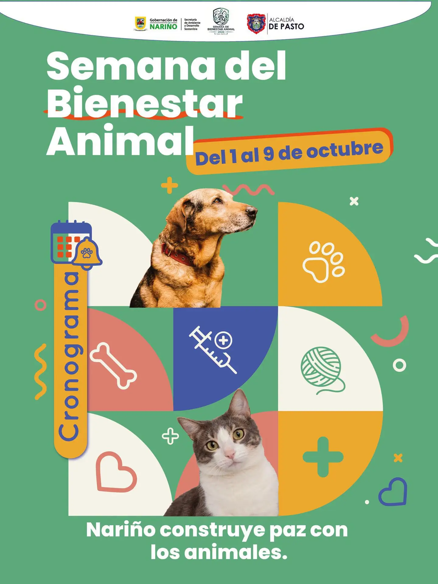 Afiche promocional de la Semana del Bienestar Animal en Nariño, del 1 al 9 de octubre, con fotografías de un perro y un gato junto a íconos de cuidado veterinario.