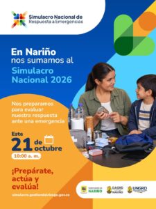 Afiche promocional del Simulacro Nacional de Respuesta a Emergencias 2026 en Nariño, donde se observa a una madre y su hijo empacando provisiones en un kit o maletín de emergencias.