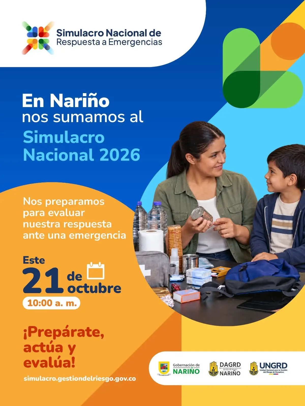 Afiche promocional del Simulacro Nacional de Respuesta a Emergencias 2026 en Nariño, donde se observa a una madre y su hijo empacando provisiones en un kit o maletín de emergencias.